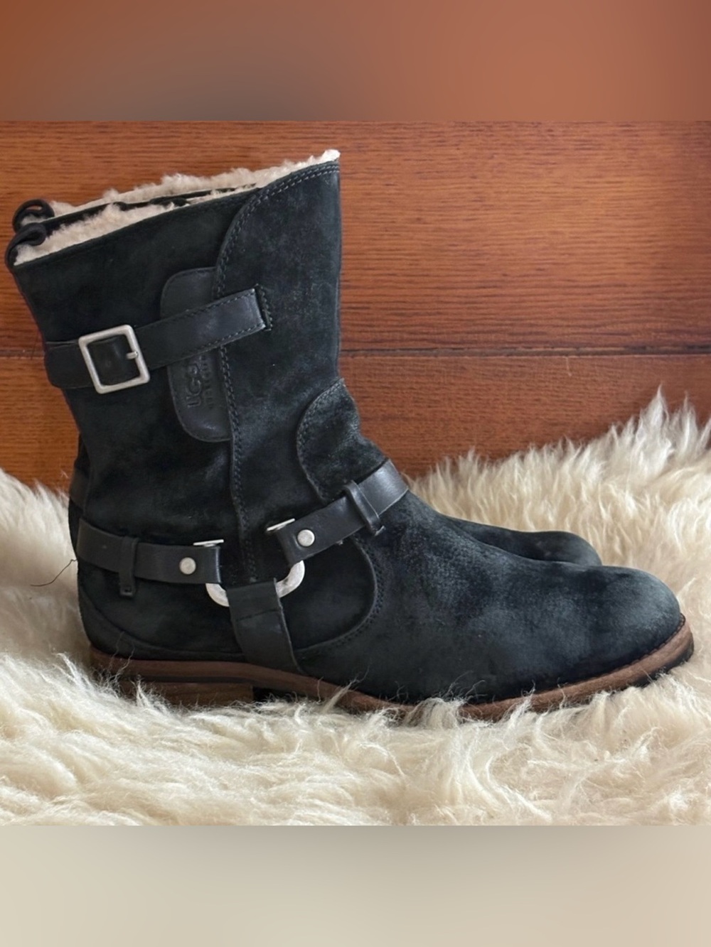 Ugg Endell Biker Black Suede With Shearling Buckle Detail Moto Ankle Boots